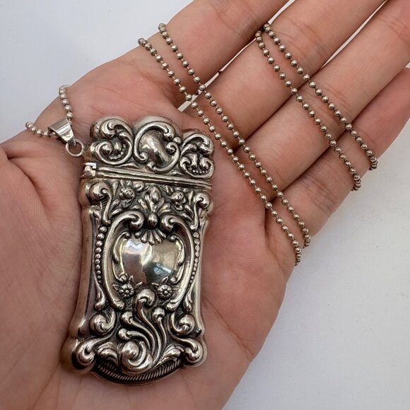 Antique Sterling Silver Repoussé Scroll Design Match Box Pendant 30" Ball & Pin - Picture 8 of 16